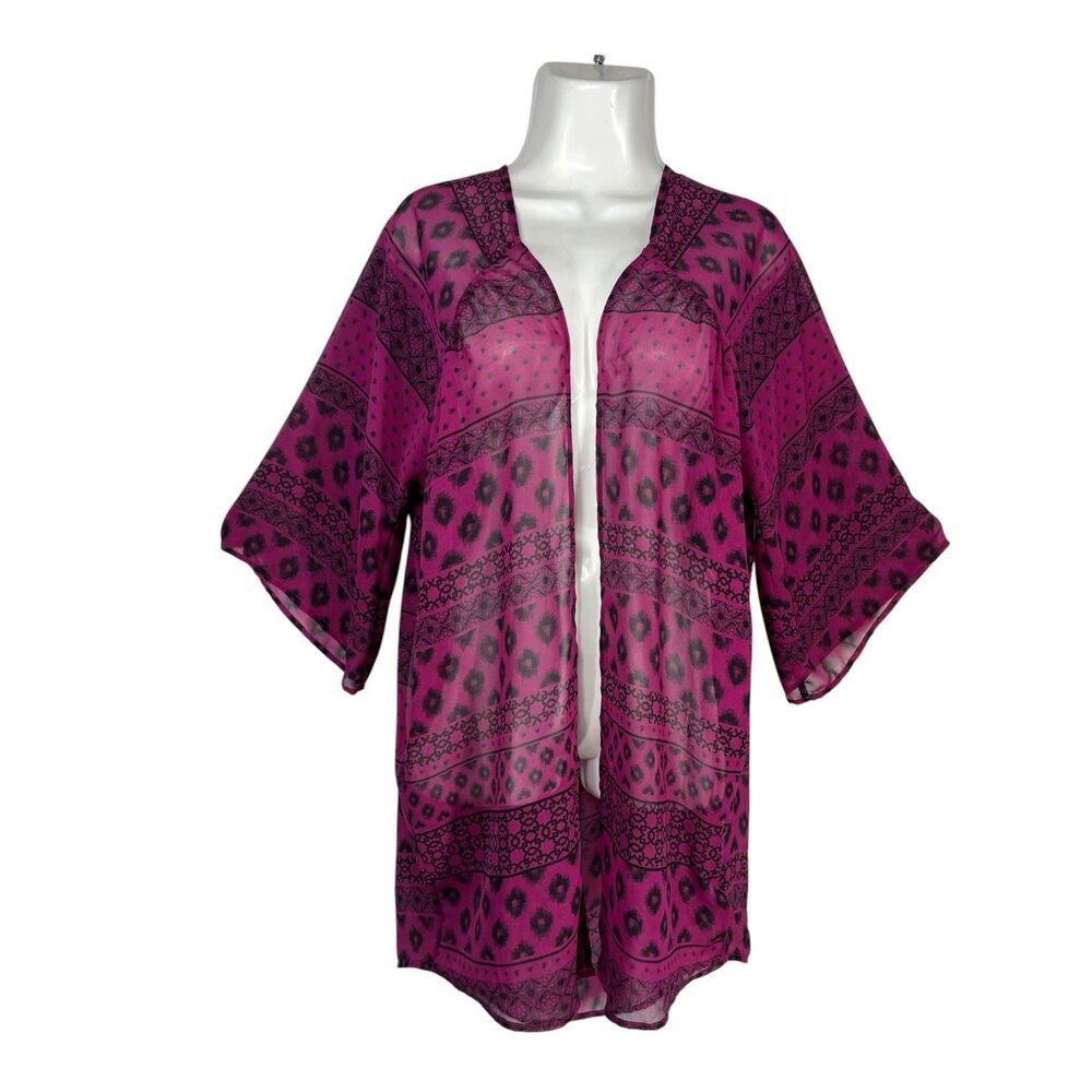 EXPRESS Sheer Cardigan XS Purple Black Geometric Open Front Kimono Top Boho